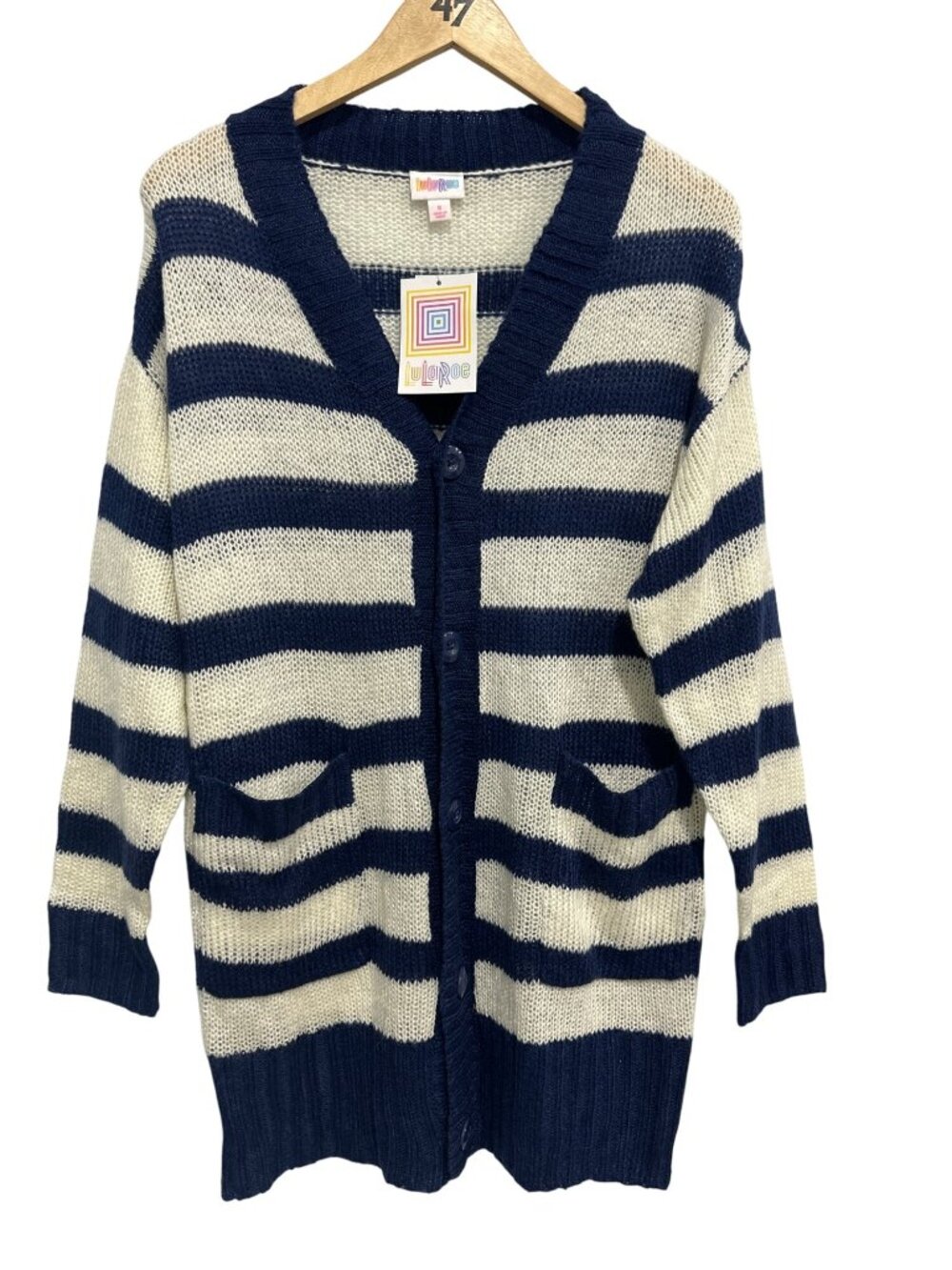 Lularoe Cardigan Sweater Small Striped Button Front Blue White Cozy Nautical NEW